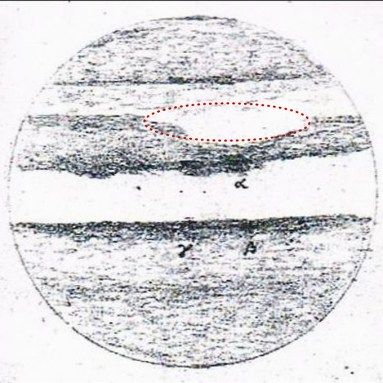 sketch of Great Red Spot as a large oval from 1851