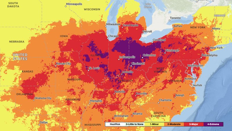 A map of the western and eastern states of the United States shows the risks of extreme heat on June 22.  Magenta, or extreme risk, in Ohio, Indiana and Illinois is surrounded by red, or high risk.  Orange, or moderate risk, includes red and purple, extending from Texas to Wisconsin and New York.  The rest of the states in the picture are yellow, or at low risk.