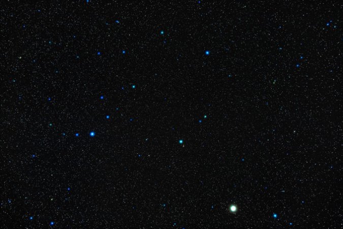 Stars show up as bright spots on an inky dark background. Toward the left, a handful of stars make a C shape. That's a constellation called Corona Borealis where in the coming months, a nova will show up as a temporary new star, astronomers say.