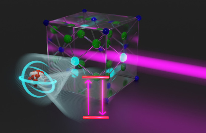 An illustration of a cube of calcium fluoride infused with thorium atoms