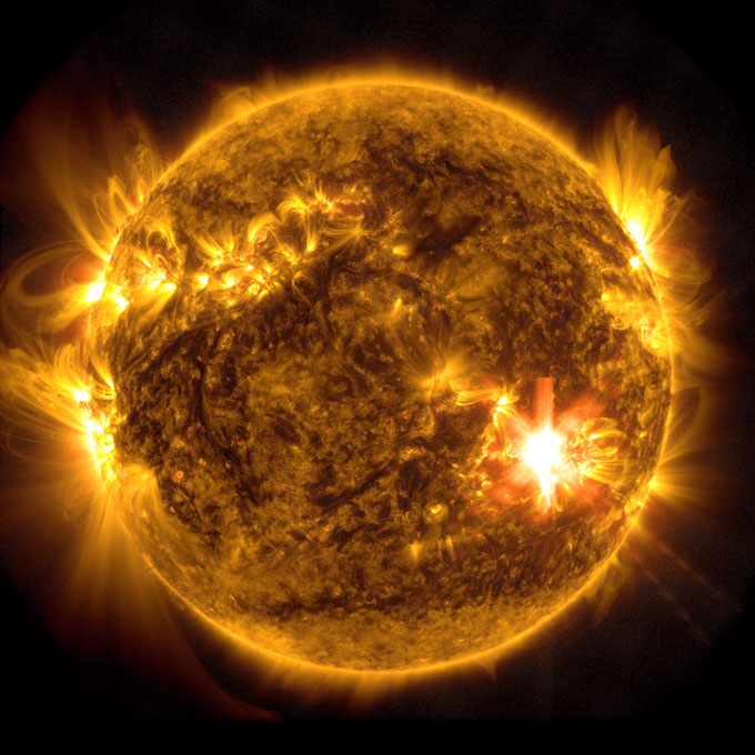 False-color image of a powerful solar flare erupting from the sun on May 10